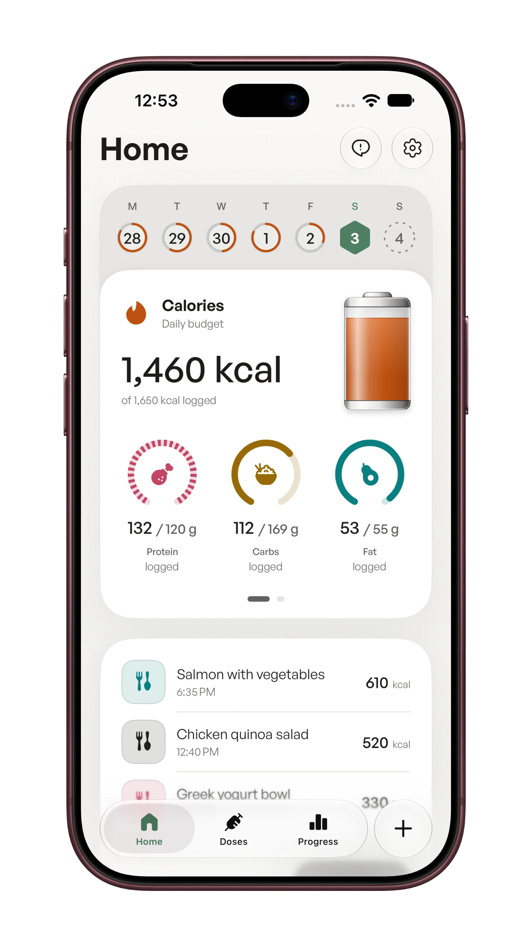 Moraea Home dashboard showing the day's calorie, protein, fiber, and hydration targets.