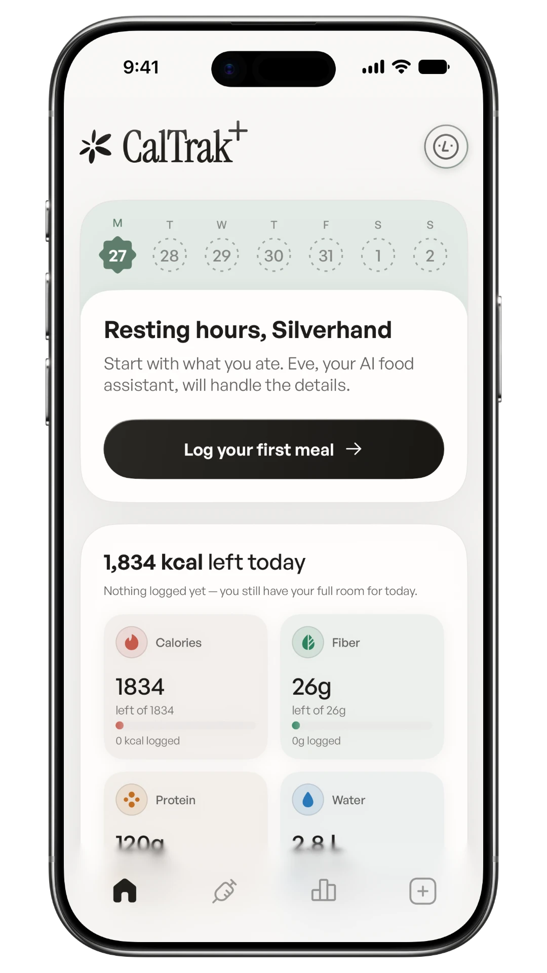 Moraea Home dashboard showing the day's calorie, protein, fiber, and hydration targets.
