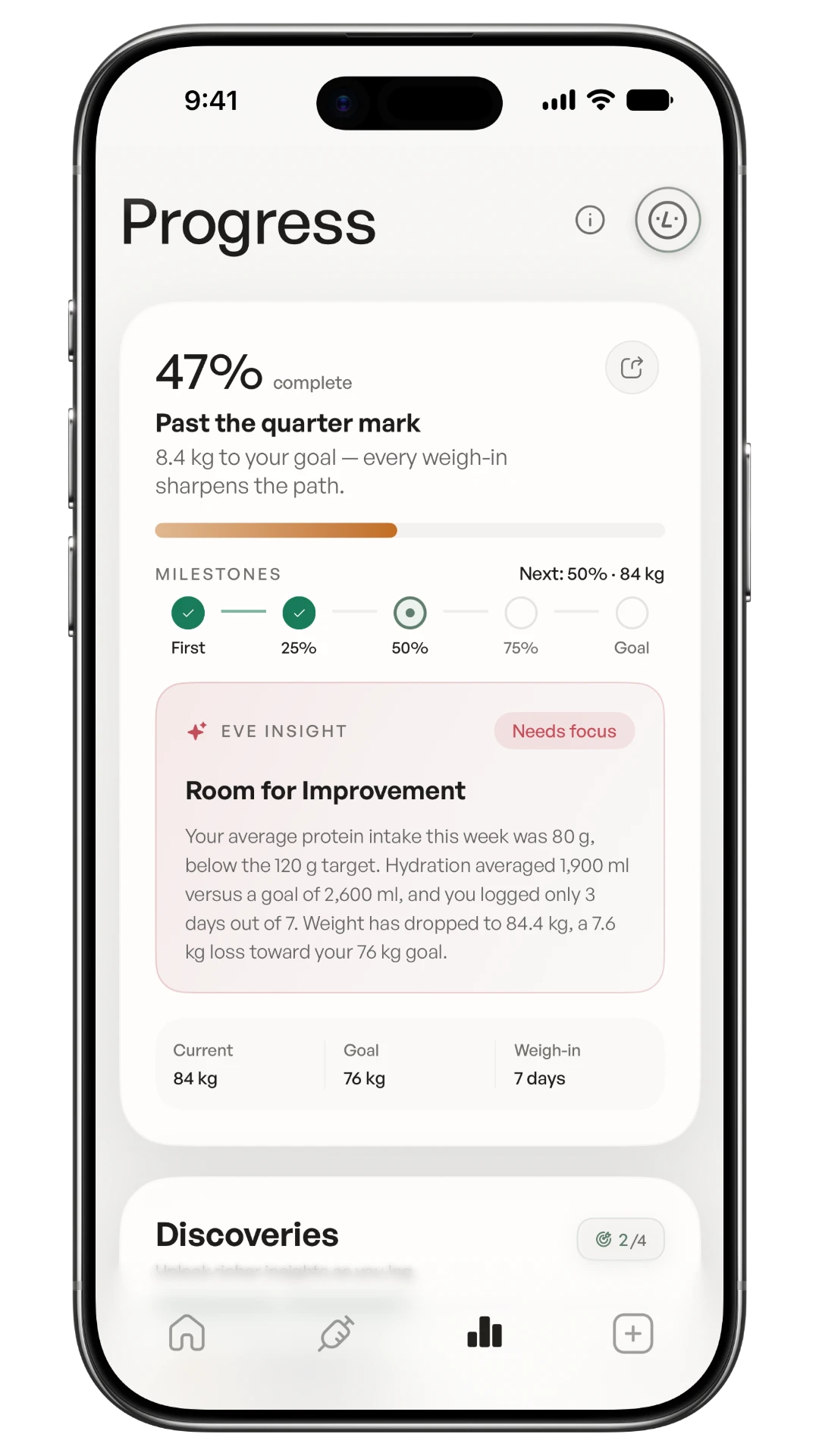 Moraea Progress screen showing milestones, weigh-ins, and an AI insight.